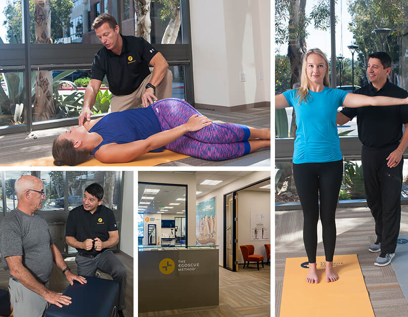 Photo collage of patients receiving care from Egoscue therapists